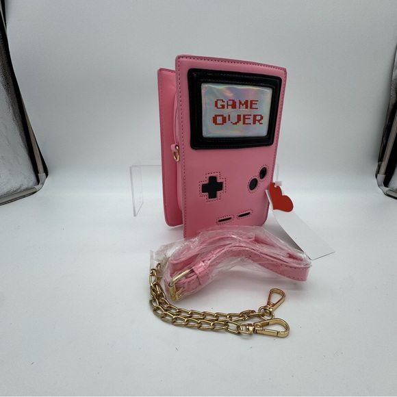Retro 8-Bit Gamer Handbag Pink With Long Gold Color Chain Gameboy Style Purse - Picture 6 of 10